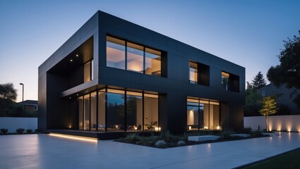 Modern Black House Exterior with Large Windows and Landscape Lighting at Twilight