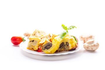 Fluffy baked omelet with cauliflower and fresh mushroom filling