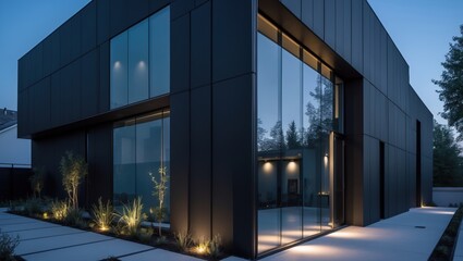Fototapeta premium Contemporary Black House Exterior with Glass Facade and Illuminated Landscape