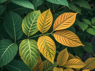 Close up of vibrant green leaves transitioning to warm yellow and orange hues on a branch