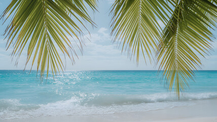 Tropical beach scene with palm leaves and turquoise water