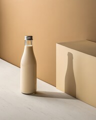 A clear glass bottle filled with creamy beige liquid stands on a textured surface casting a shadow against a cardboard background