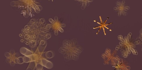 An artistic abstract composition features golden floral forms, creating a captivating visual effect against a dark purple backdrop, suitable for