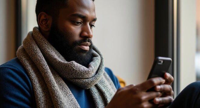 Focused Black man with a beard using his smartphone indoors. Young adult wearing a scarf browsing online. Modern technology and communication concept