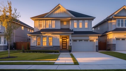 Suburban House at Sunset, Traditional Style Home with Landscaped Yard and Driveway