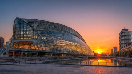 Fototapeta premium Golden sunset reflects off glass building creating a serene atmosphere in the city.