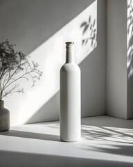Minimalist white bottle casting long shadows on a textured surface with dappled sunlight and plant in background