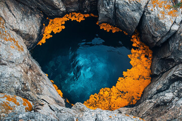 A deep blue hot spring surrounded by orange and yellow bacterial mats