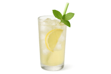 Lemonade drink in glass with straw, lemon slice, mint leaves and ice refreshing a summer day on transparent background