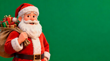 A banner with an empty space for text, a cartoon Santa Claus with a big red bag full of colorful gift boxes on a green background. A fun layout for Christmas sales, holiday banners, or holiday ads.