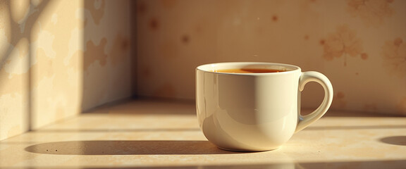 Obraz premium White coffee cup placed on countertop with soft morning light 