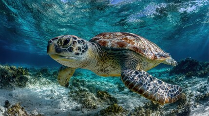 Fototapeta premium A graceful sea turtle swims effortlessly in vibrant ocean waters among colorful corals.