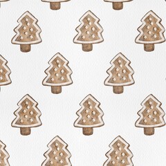 Top view of Christmas tree-shaped cookies arranged in a festive repeating pattern. The warm tones and decorative icing create a cheerful holiday atmosphere, perfect for seasonal backgrounds, packaging