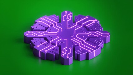 Futuristic purple circuit design featuring glowing snowflake patterns, intricate pathways, and vibrant electronics, set against bright green background, embodies innovation and abstract technology - Powered by Adobe