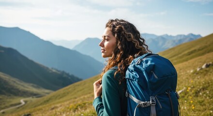 Naklejka premium Young woman with a backpack hiking in the mountains. Hiker enjoying the scenic landscape view. Adventure, travel and active lifestyle concept