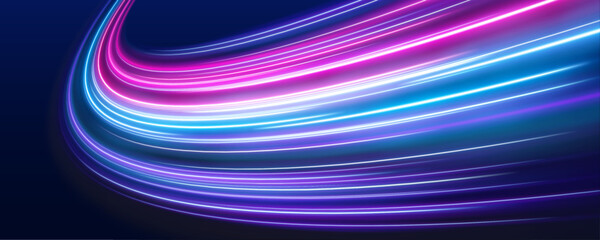 Night highway with dynamic light effects, neon purple, blue, and red glowing trails, and futuristic speed motion visualization. Acceleration speed motion on night road.	
