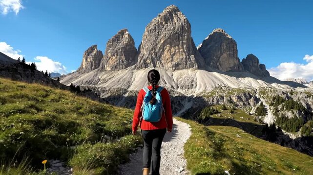 An individual wearing a backpack and vibrant red attire embarks on a scenic trek along a winding path amidst a truly magnificent mountain range. Towering, rugged peaks dominate the horizon under a bri