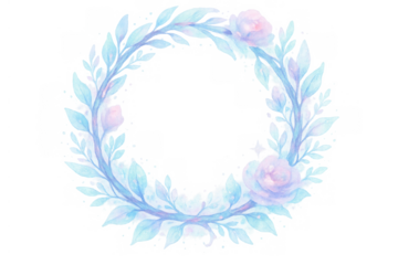 Watercolor floral wreath with pastel blue leaves and pink roses, decorative botanical frame on transparent background