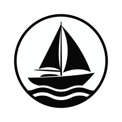 Black silhouette of a sailboat with sails up on wavy water inside a black circle on a white background.