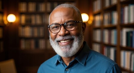 Obraz premium Happy senior African American man with glasses and gray beard smiling in a library. Close-up portrait of a confident mature professional. Wisdom and success concept