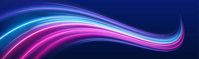 PNG glowing speed lines in red and blue motion streaks, futuristic energy wave, light trail and dynamic blur of night highway movement vector.