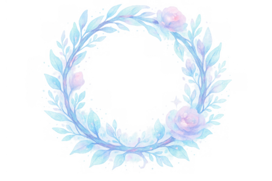 Watercolor floral wreath with pastel blue leaves and pink roses, decorative botanical frame on transparent background - Powered by Adobe