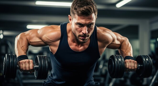 Muscular man performing a heavy dumbbell row exercise in the gym. Intense strength training for back and shoulders. Bodybuilding and fitness motivation - Powered by Adobe