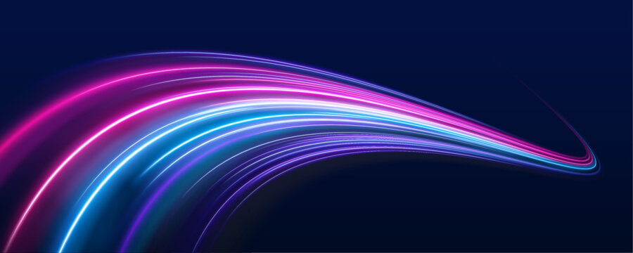 Night highway with dynamic light effects, neon purple, blue, and red glowing trails, and futuristic speed motion visualization. Acceleration speed motion on night road.	