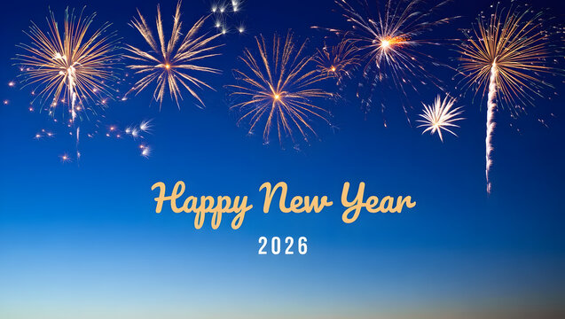 Vibrant fireworks display celebrating happy new year 2025 on a clear blue sky