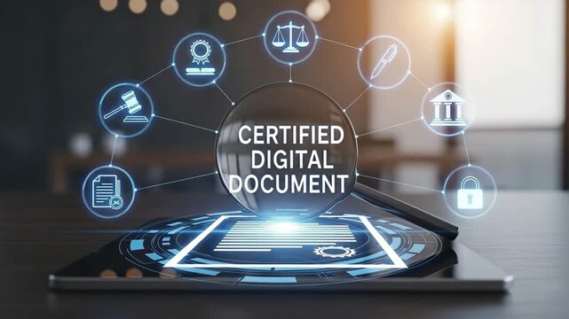 Certified Digital Document concept on a tablet, symbolizing security and trust.