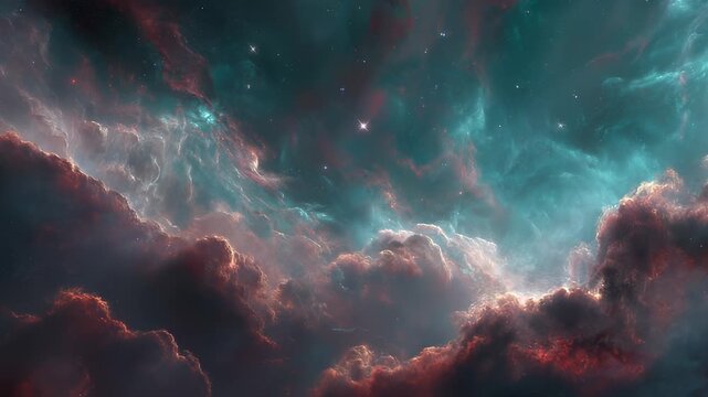 A majestic view of cosmic clouds and nebula formations cosmos glowing with stars, celestial light flowing through the universe, and science learning the origins of the galaxy and cosmos.