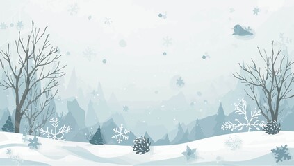 A serene  winter scene with flat design elements, featuring delicate snowflakes, frosty trees, and gentle hills, all rendered in a minimalist style 