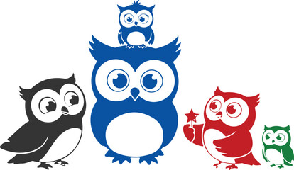 Colorful Owl Family Standing Together in Harmony and Friendship Illustration