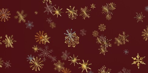 Elegant abstract background with falling gold snowflakes against a rich burgundy backdrop, perfect for winter holiday and Christmas designs. Fea