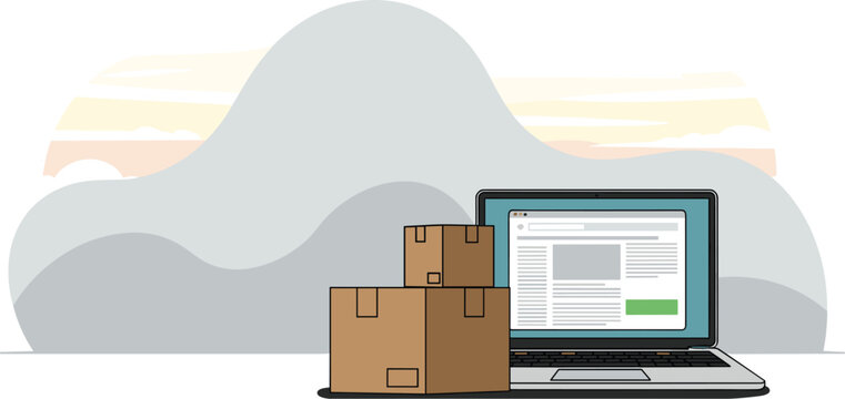 E-commerce Order Processing on Laptop with Cardboard Boxes: Online Shopping for Delivery, Business Management, Supply Chain, Modern Technology, Logistics, Website Presentation, Cargo, Internet, Digita
