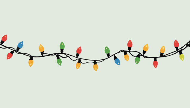 A colorful vector illustration of Christmas lights with a flat design, featuring a string of lights with bulbs of varying shapes and sizes, each emitting a soft gloW