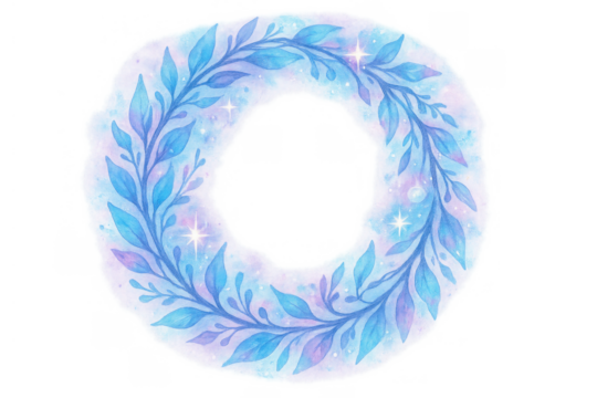 Watercolor blue purple wreath with sparkling leaves, winter celestial fantasy illustration on transparent background