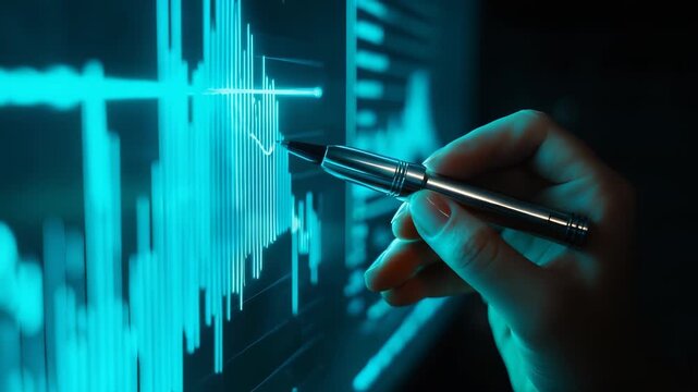 Hand holds pen pointing at chart screen with glowing graph line. Chart shows financial data on tablet. Graph displays analysis, finance, data, tablet, hand, pen, screen, chart, drawing, analysis
