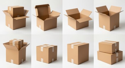 Fototapeta premium Set of Cardboard Boxes in Various Angles and Positions, Open and Closed Brown Packaging Boxes on White Studio Background