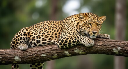 Leopard resting gracefully on a tree branch amidst lush green foliage