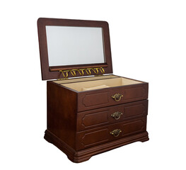 Jewelry wooden box isolated on transparent background. Dark brown open chest with a built-in mirror. Gift box with drawers and jewelry compartments. PNG. 