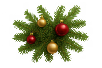 Christmas fir branch decorated with red and gold ornaments, holiday season celebration, festive mood on transparent background