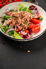 Tuna salad canned fish, tomato, green leaf salad vegetable dish natural tasty snack fresh gourmet food background on the table rustic top view copy space keto and paleo diet food pescetarian diet