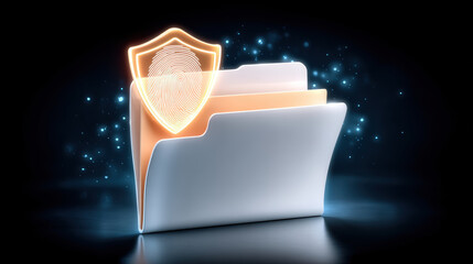 Secure file folder glowing with shield fingerprint symbol data security and privacy protection in digital cloud environment