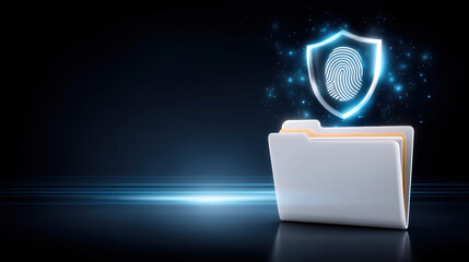 Secure folder with glowing fingerprint shield protects sensitive data and security in digital concept scene conveying privacy and trust