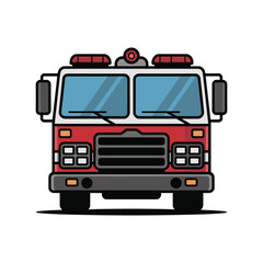 Front view of a red and white fire truck with blue windshields and red emergency lights emergency vehicle