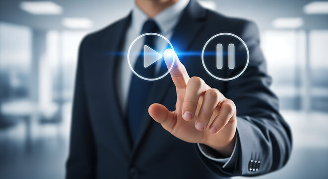 Businessman interacting with virtual play and pause buttons in a modern office setting scene