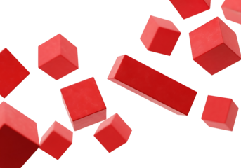 Abstract Red Geometric Shapes Floating on White Background.