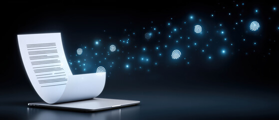 Digital document stream with glowing fingerprint icons data security and privacy concept dark environment conveying protection and confident