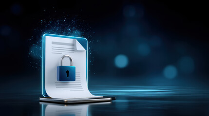 Secure digital document on tablet with glowing shield and padlock symbol evoking data security and confidential storage in modern cyber background